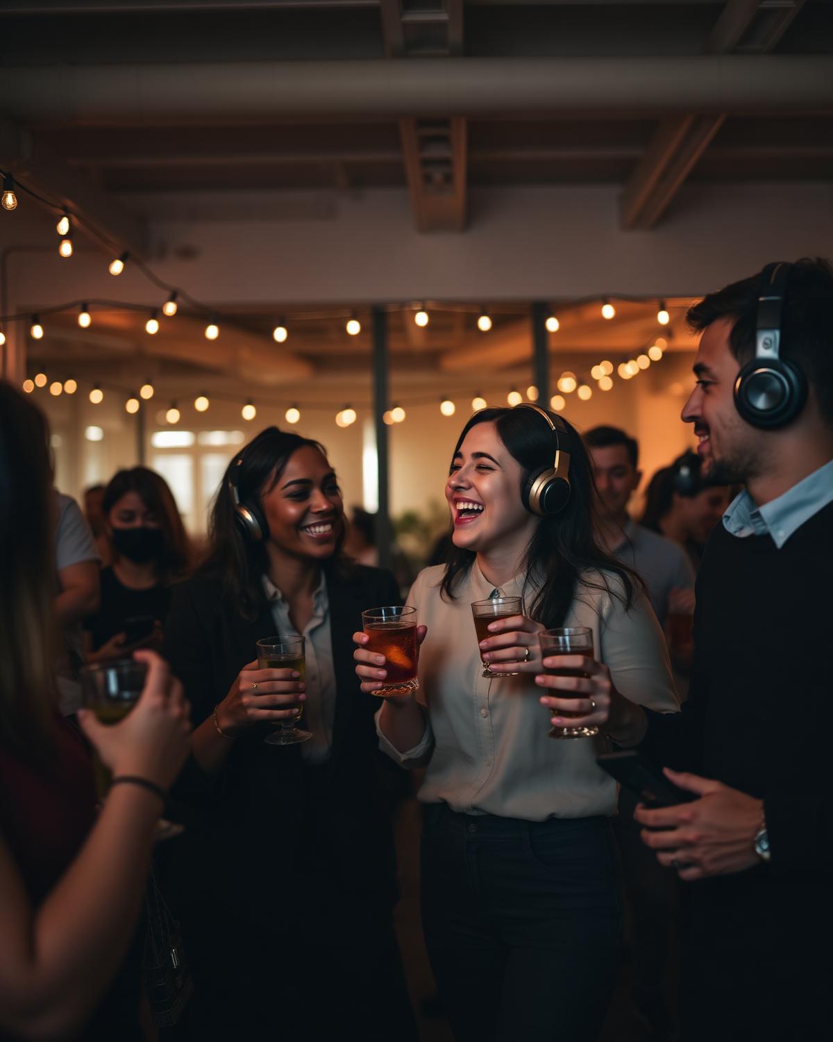 Collega's dansen samen met silent disco koptelefoons